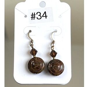 🌟 Brown Swirl Glass Bead Dangle Earrings 🤎